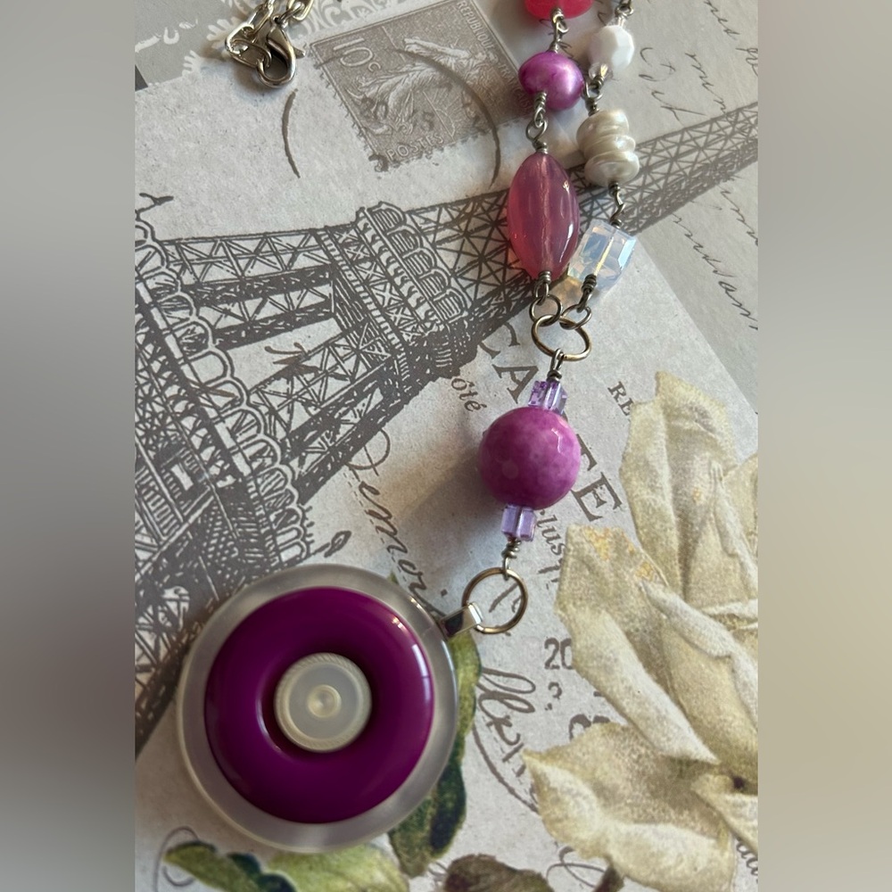 Vintage Buttons and Genstone Bead Necklace - Handmade